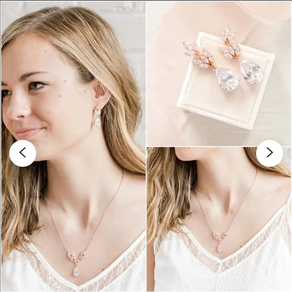 Sparkly Rose Gold Wedding Set - Gorgeous Crystal Necklace and Drop Earrings - Picture 5 of 8